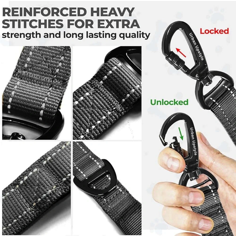 Heavy Duty Dual Handle Dog Leash with Bungee Cord, Seat Belt Loop, Poop Bag